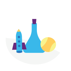 flask with tennis ball and toy rocket ship